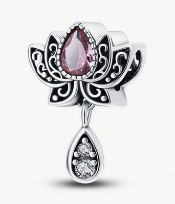 Sterling silver Pandora-compatible charm with a lotus design, black enamel detailing, centered pink cubic zirconia, and a dangling cubic zirconia-studded teardrop pendant.