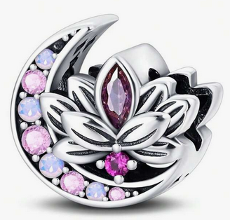 Sterling silver crescent moon charm with pink cubic zirconia and black and white enamel lotus design, compatible with Pandora jewelry.